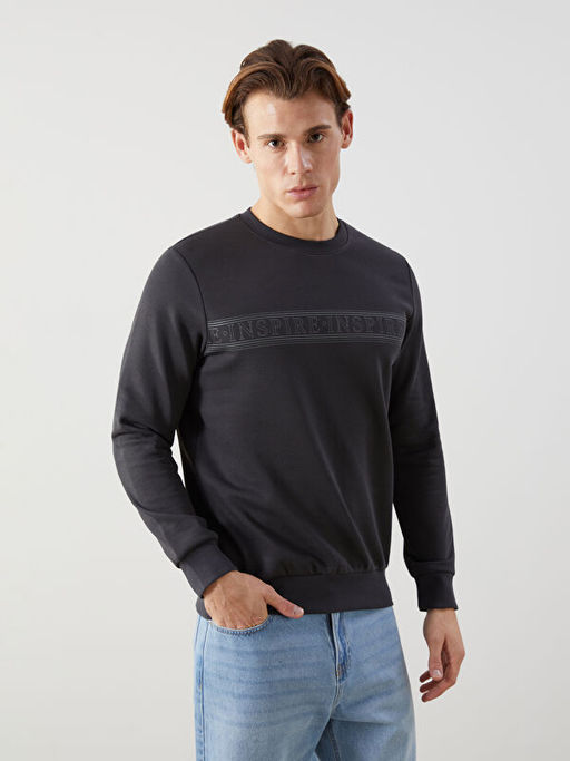 Bisiklet Yaka Bask?l? Erkek Kal?n Sweatshirt