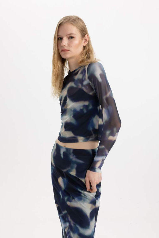 Облегающая футболка из тюля с круглым вырезом и длинными рукавами с рисунком - Defacto фото 4