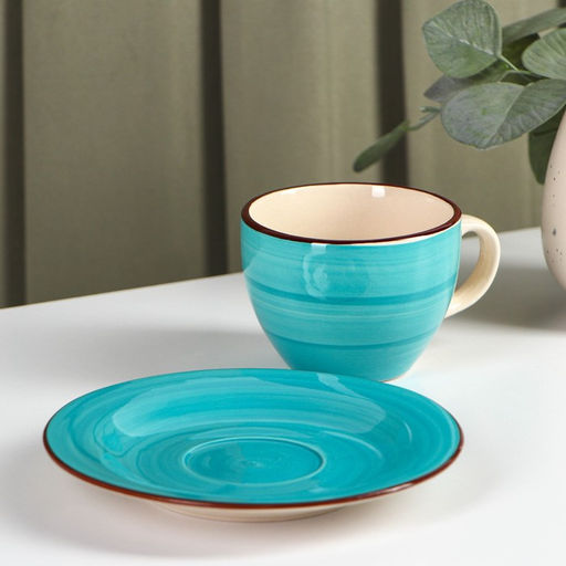 Чайная пара керамическая Доляна Морской мир, 2 предмета: чашка 200 мл, блюдце d=14,5 см, цвет голубой  фото 2