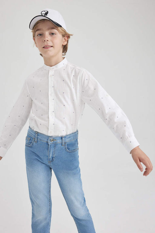 Белая рубашка с длинным рукавом и принтом в льняном стиле для мальчика - Defacto фото 4