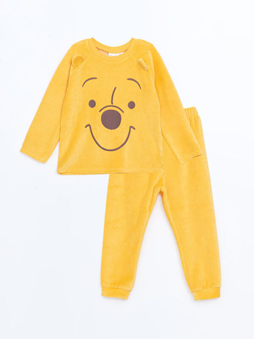 Kadife Winnie the Pooh Bask?l? Erkek Bebek Pijama Tak?m?