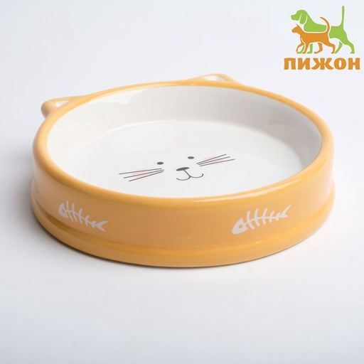 Миска керамическая Голова кота 200 мл - 15153.5 см, белая/жёлтая - Пижон фото 2