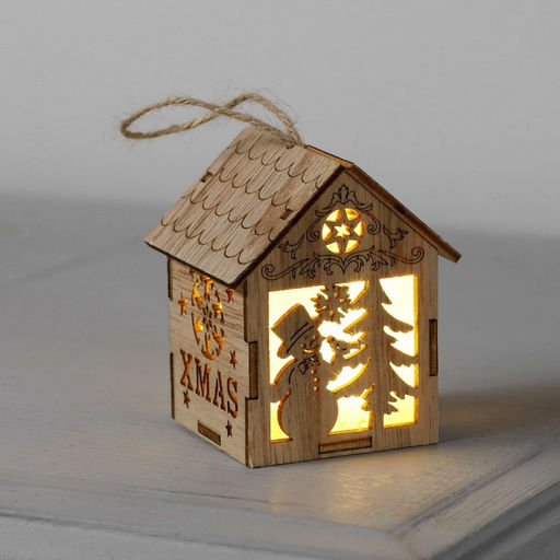 Ёлочная игрушка Домик со снеговиком, 8х6.5х6 см, от батареек, свечение тёплое белое - Luazon lighting фото 3