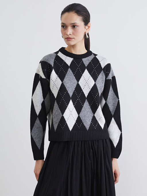 Bisiklet Yaka Baklava Desenli Kad?n Triko Tunik