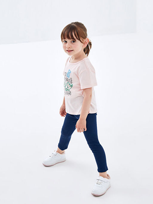 Bisiklet Yaka K?sa Kollu Bask?l? K?z ?ocuk Ti??rt ve Tayt 2li Tak?m