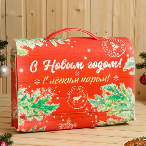 Набор для бани с принтом С новым годом!, 5 предметов: шапка, рукавица, тапочки, коврик, войлок, красный, Банная забава  фото 24