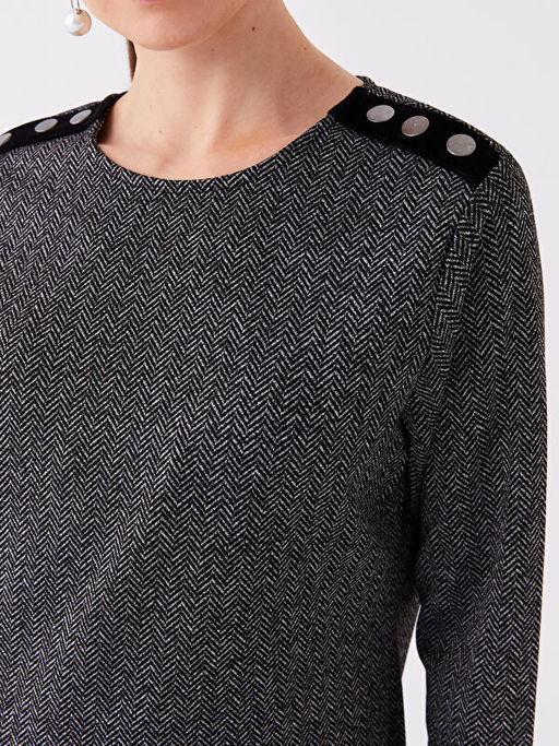 Bisiklet Yaka Desenli Uzun Kollu Kad?n Elbise