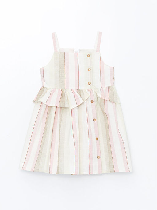 Kare Yaka Ask?l? Keten Kar???ml? K?z Bebek Elbise