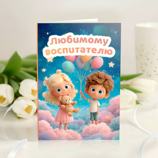 Открытка 4 шоколадки "Любимому воспитателю (дети и облака)"