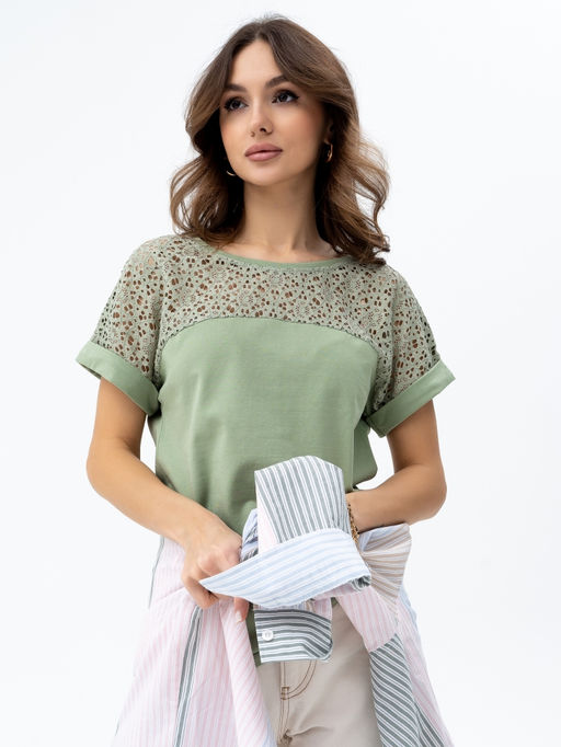 Футболка с кружевом хлопок 95%, лайкра 5%,оливковая - Binita фото 3