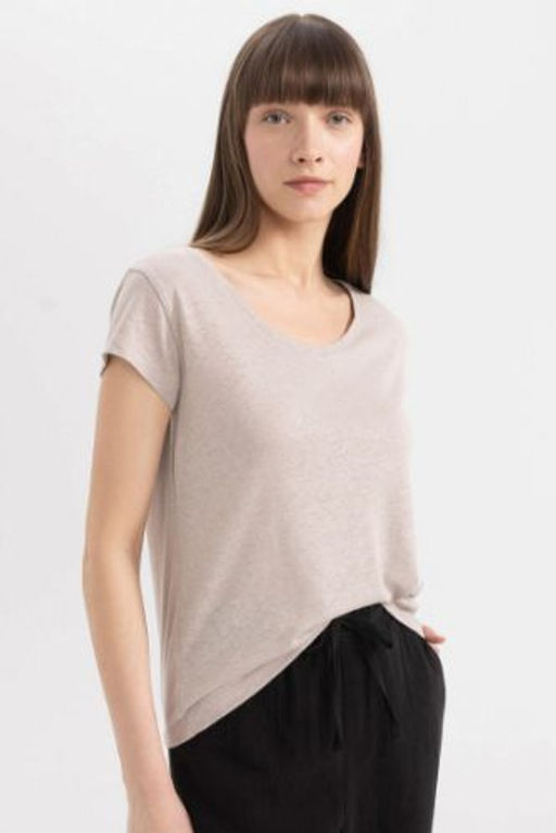Regular Fit Bisiklet Yaka Keten Kar?s?ml? Basic K?sa Kollu Tisort