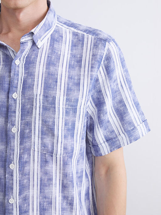 Regular Fit K?sa Kollu ?izgili Poplin Erkek G?mlek