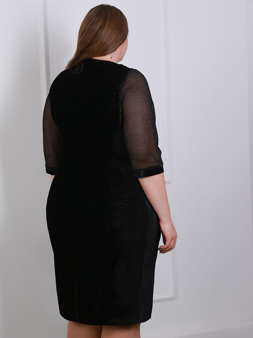 Платье из черного бархата с прозрачными рукавами праздничное - Almond фото 2