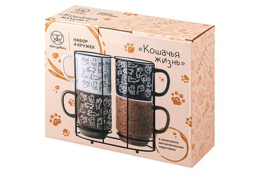 Набор 4 кружек 400 мл 12*8,5*11см Кошачья жизнь на металлической подставке - Elan gallery фото 8