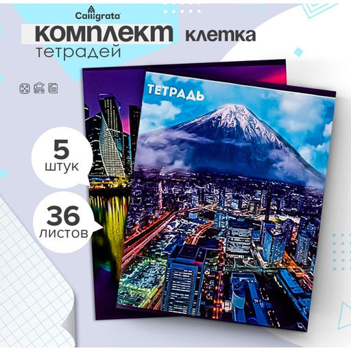 Комплект тетрадей из 5 штук, 36 листов в клетку Города, обложка мелованный картон, блок офсет - Calligrata фото 2