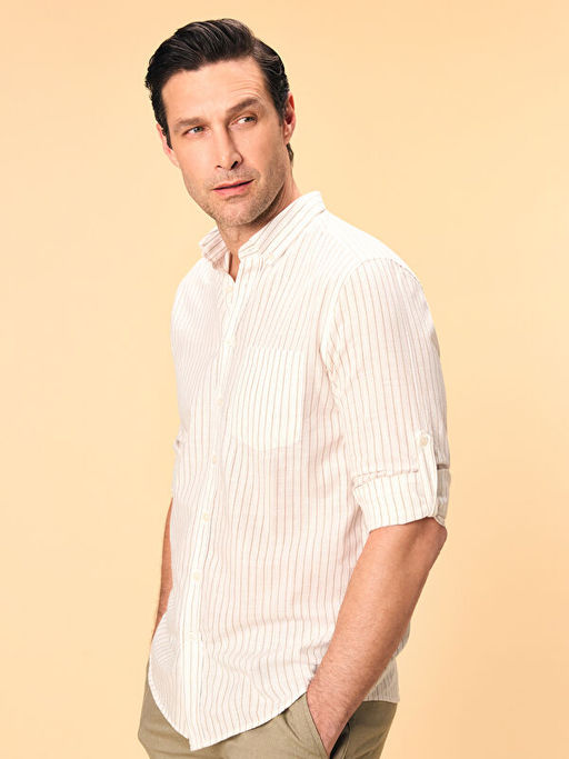 Regular Fit Uzun Kollu ?izgili Keten Kar???ml? Erkek G?mlek