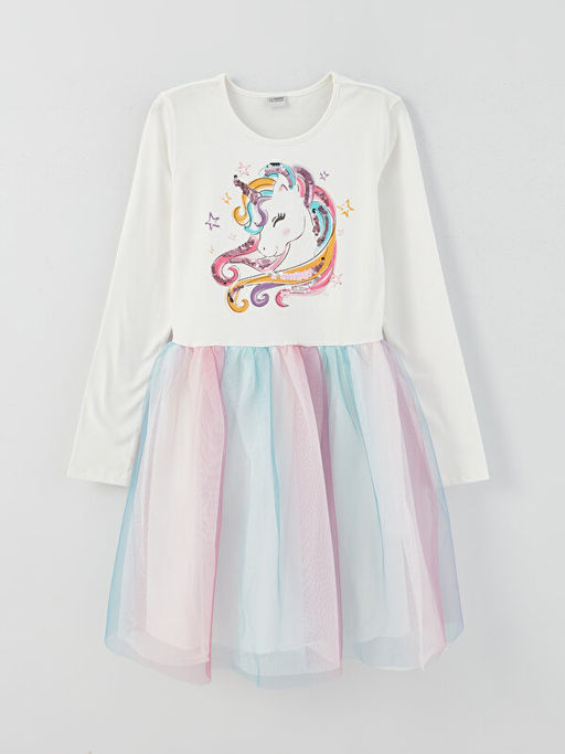 Bisiklet Yaka Bask?l? Uzun Kollu K?z ?ocuk Elbise