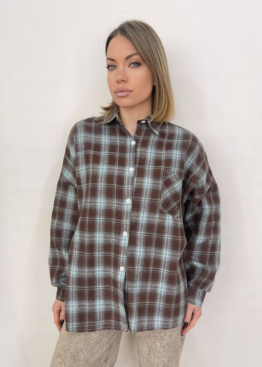 K12537 Рубашка фланель OVER SIZE ГОЛУБОЙ