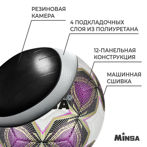 Мяч футбольный MINSA, PU, машинная сшивка, 12 панелей, р. 5  фото 3