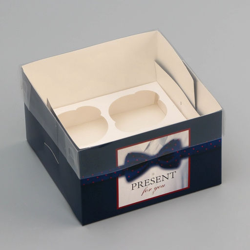 Цена за 5 шт. Коробка для 4 капкейка с прозрачной крышкой, «Мужской подарок», 16×16×10 см