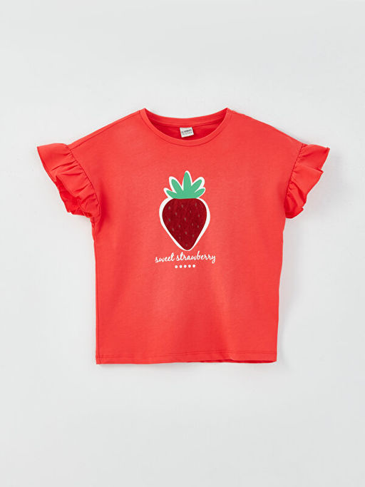 Bisiklet Yaka Bask?l? K?sa Kollu K?z ?ocuk Ti??rt ve ?ort - Waikiki фото 2