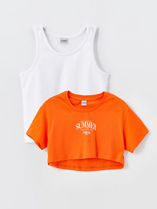 Bisiklet Yaka Bask?l? K?z ?ocuk Crop Ti??rt ve Atlet