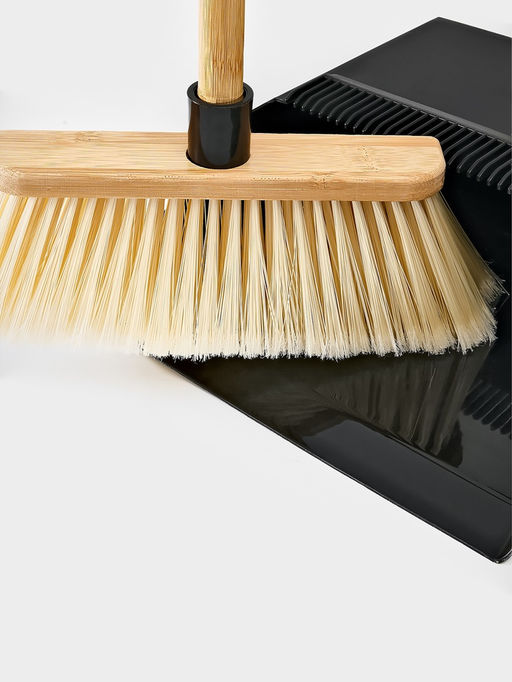 Щётка с совком Meli, бамбуковый держатель, 26×24×98 см, чёрная