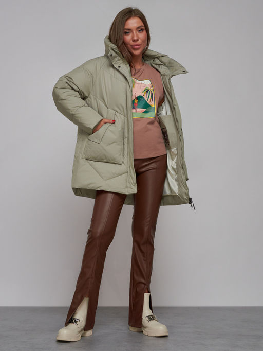 Зимняя женская куртка модная с капюшоном светло-зеленого цвета 52362ZS - HULDLUCK фото 15