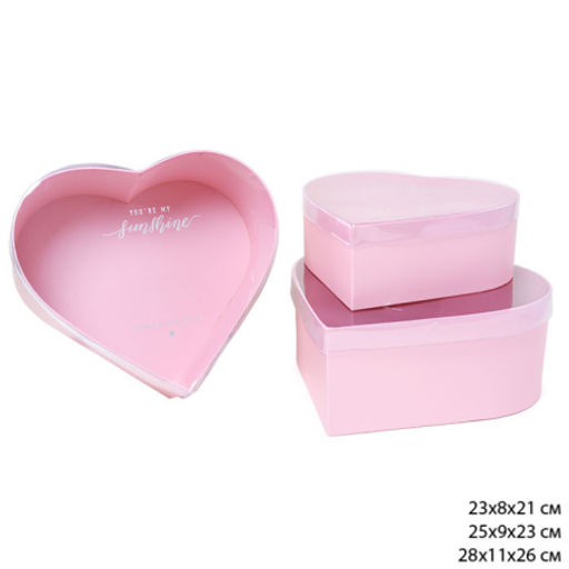 Коробка подарочная 3 штуки Сердце набор розовая / B9827 /уп 30/прозрачная крышка
