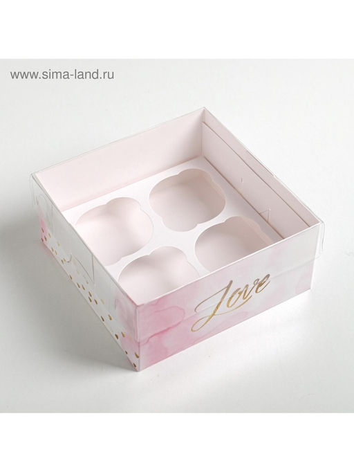 Цена за 5 шт. Коробка для капкейков, кондитерская упаковка, 4 ячейки «Love», 16×16×7.5 см