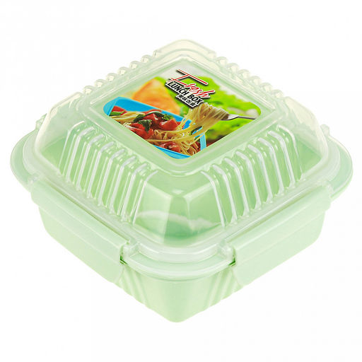 Ланч-бокс для продуктов пластмассовый Фреш 0,55л, 14х14см h8,5см, с ложкой 13см, крышка прозрачная, с клипсами, с уплотнителем, цвета в ассортименте: персиковый, голубой, зеленый (Китай) - Домашняя мода фото 3