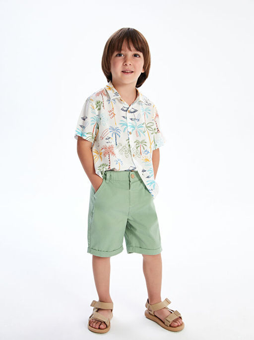 Bask?l? Pamuklu Erkek ?ocuk G?mlek ve ?ort 2li