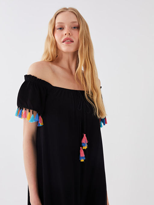 Kay?k Yaka P?sk?l Detayl? Kad?n Plaj Elbisesi