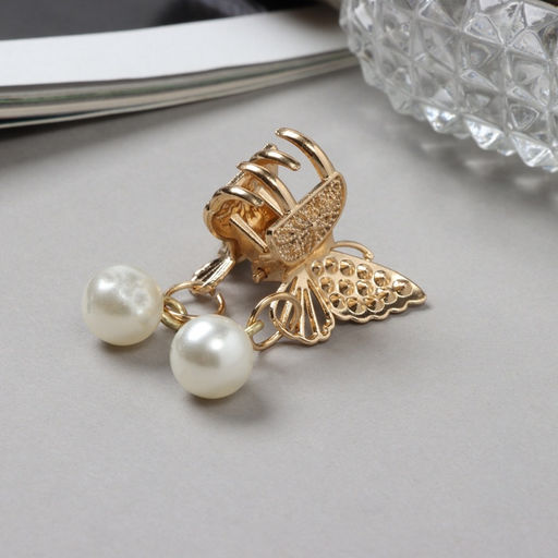 Цена за 6 шт. Крабик для волос «Милада», белые бусинки, 2.5 см, золотистый