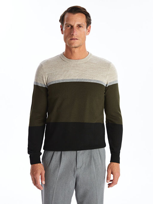 Bisiklet Yaka Uzun Kollu Renk Bloklu Erkek Triko Kazak