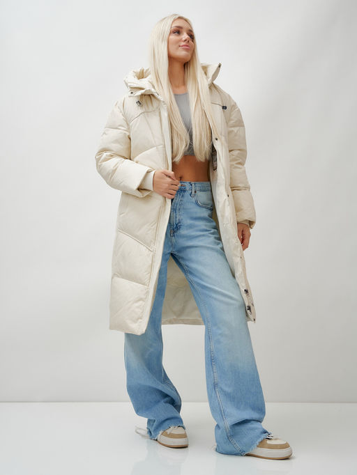 Пальто летучая мышь женское с капюшоном зимнее бежевого цвета 9616B - Mtforce фото 17