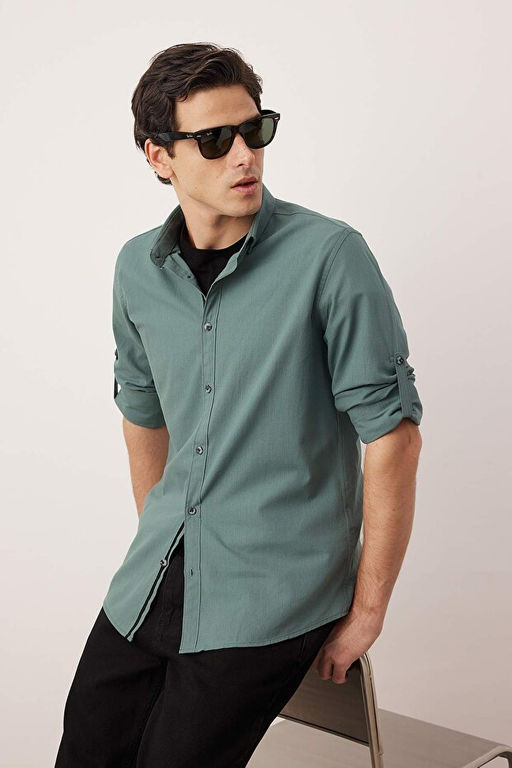 Koyu Ye_il D__meli Yaka Apoletli Slim Fit Uzun Kol %100 Pamuklu Keten G_r_n_ml_ G_mlek TMNSS20GO0189 - Trendyolmilla фото 2