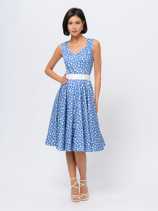 Платье голубого цвета длины миди с ажурным вырезом и поясом - 1001dress фото 2