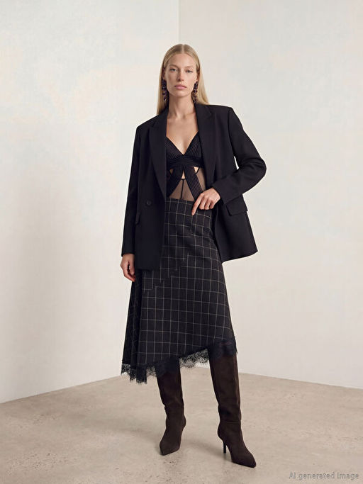 Beli Fermuarl? Ekose Dantel Detayl? Etek