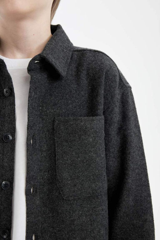 Рубашка оверсайз для мальчика с широким воротником-поло и длинными рукавами антрацитового цвета - Defacto фото 5