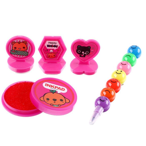Набор для рисования: печать 3 шт., штемпельная подушка, карандаш 7 цветов, цвет розовый - Simaland фото 2