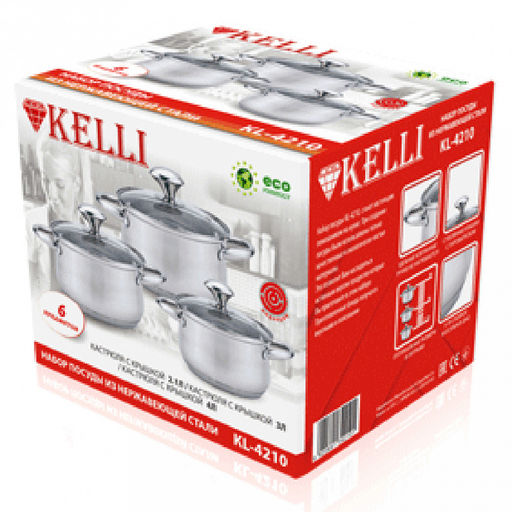 Набор посуды из нержавеющей стали "Kelli" 3 предмета: кастрюля 2,1л - д16см, 3л - д18см, 4л - 20см, зеркальная поверхность, стеклянная крышка, пароотвод, клепаные ручки, 5-ти слойное капсульное дно, цветная коробка (Китай) Подходит для всех видов пли