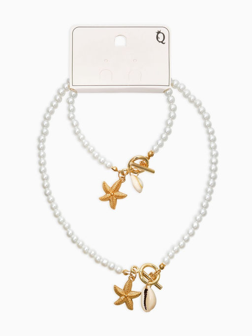 Набор 2 пред-та: бусы.браслет "Жемчуг", звезда, цвет белый в золоте L=18/42см №6