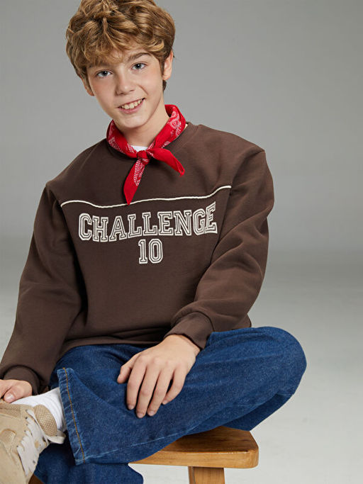 Bask?l? Erkek ?ocuk Kal?n Sweatshirt