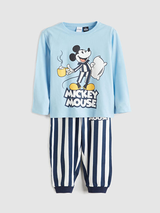 Bisiklet Yaka Uzun Kollu Mickey Mouse Bask?l? Erkek Bebek Pijama Tak?m?