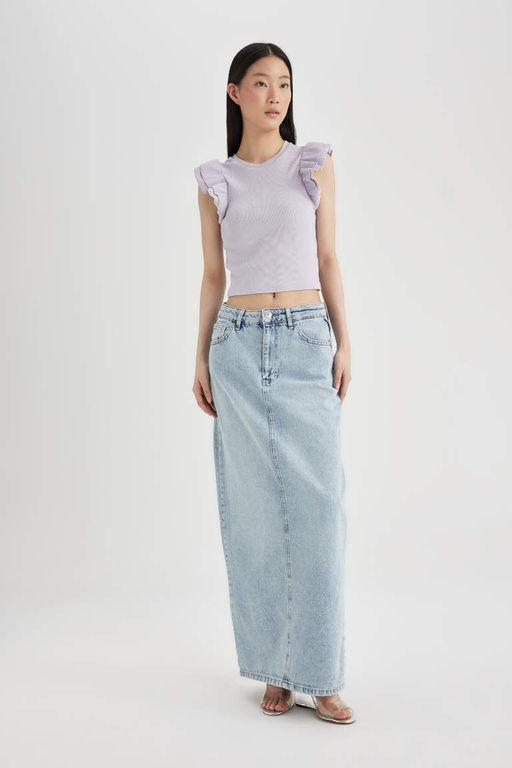 Облегающая футболка с круглым вырезом в рубчик и короткими рукавами - Defacto фото 2