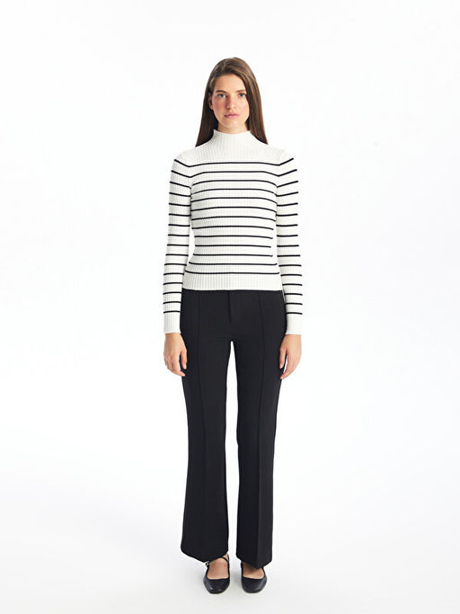 Yar?m Bal?k?? Yaka ?izgili Uzun Kollu Kad?n Triko Kazak