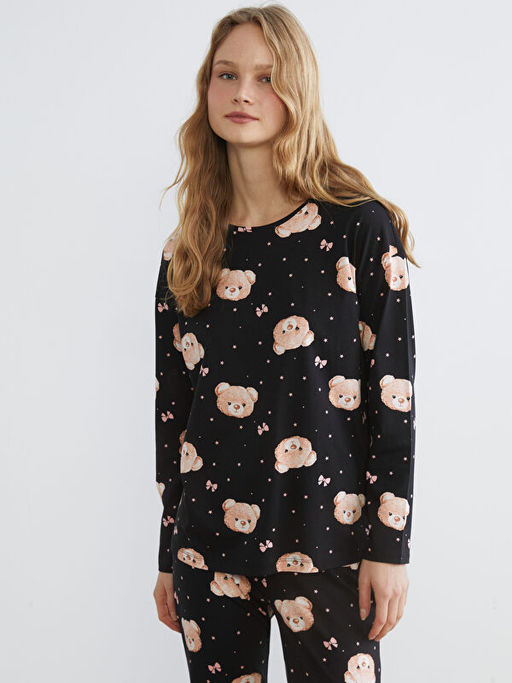 Bisiklet Yaka Ay? Bask?l? Kad?n Pijama Tak?m?