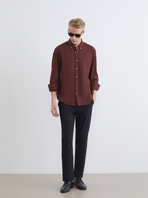 Regular Fit Keten G?r?n?ml? Erkek G?mlek