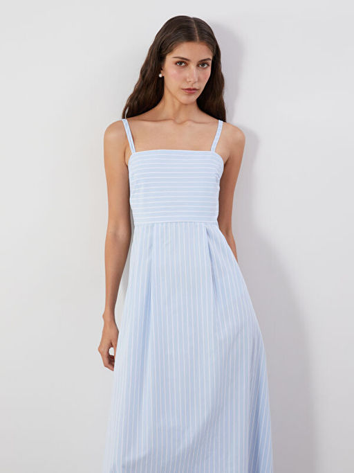 Kare Yaka ?izgili Poplin Elbise